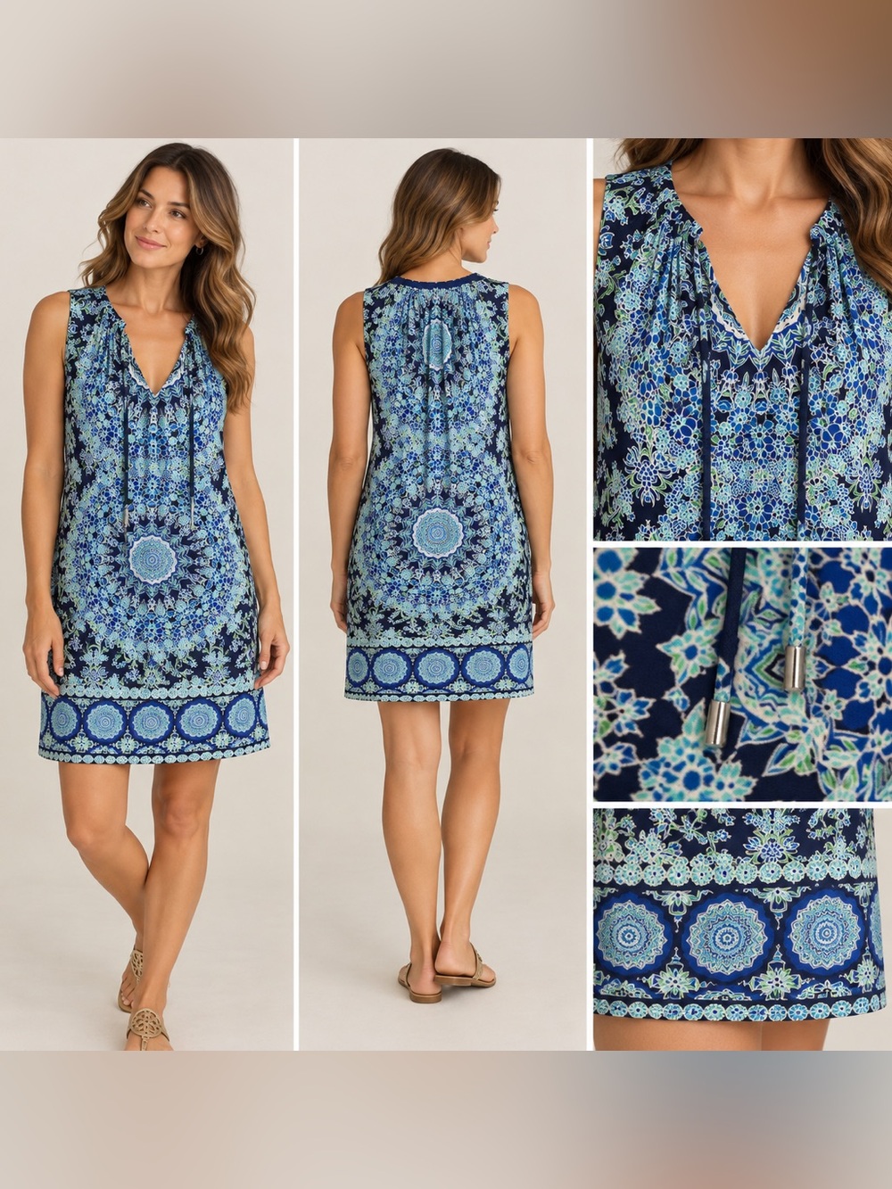 London Times Blue Medallion Print V-Neck Shift Dress Size 10